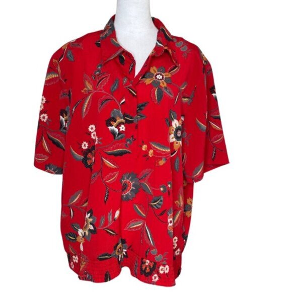 Alfred Dunner Women's Vintage Hawaain Floral Red Collard Blouse Size 22W - Picture 1 of 5